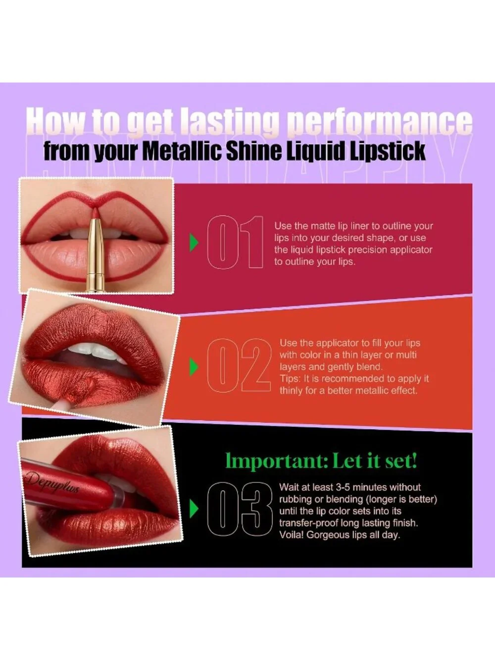 Women's GB13 Show Time Metallic 2-in-1 Glitter Long Lasting Lipstick & Lip Liner